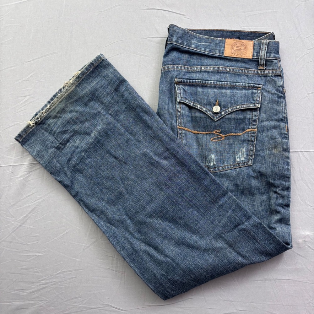 Seven7‎ Mens SM74 Relaxed Flap Blue Denim Jeans 38x34 Medium Wash Distressed